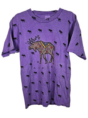 Alaska Purple Moose All Over Print Graphic T-Shirt Size M Nature Wildlife Souven